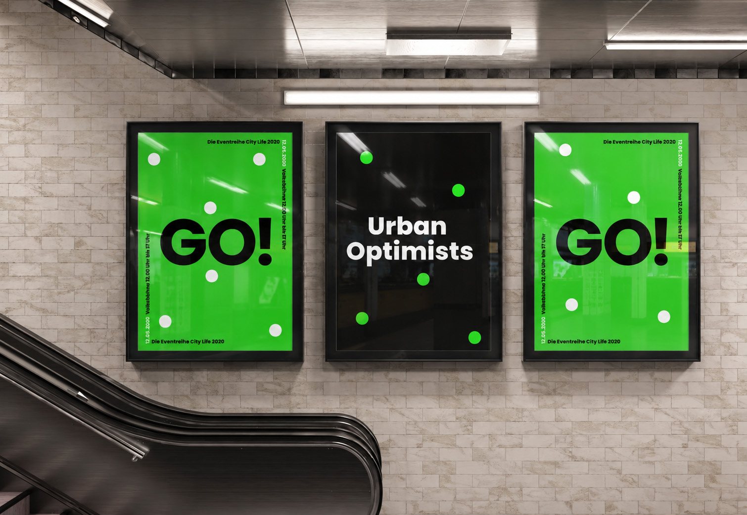 Three Urban Optimists posters reading 'GO!' in a subway station